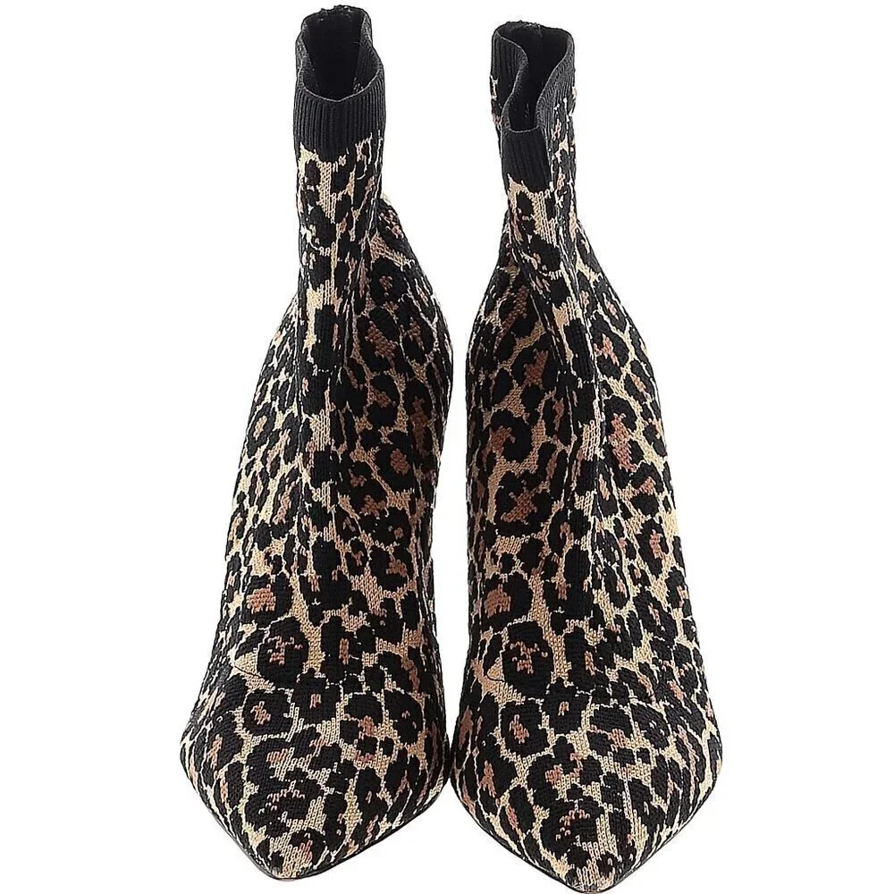 Something Navy Leopard Print Knit Heels Sock Boots 5